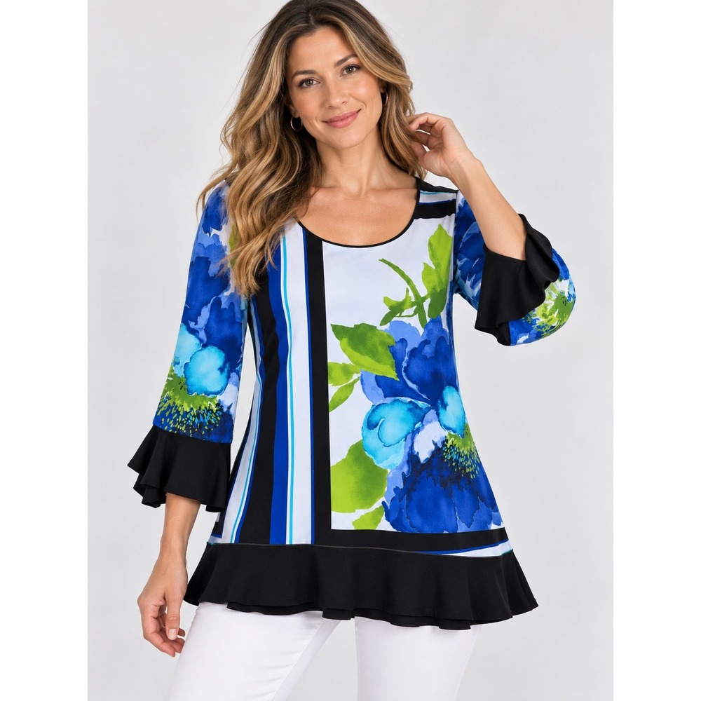 Eva Varro Wearable Art Tunic Top Blue Floral Geometric Bell Sleeve Large USAMade